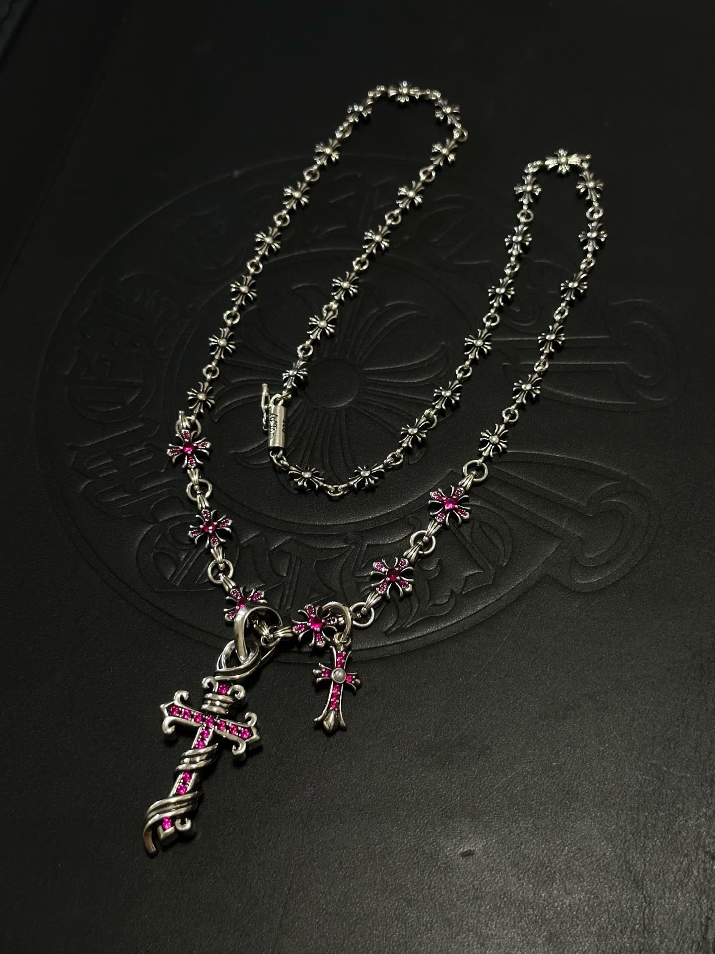 Chrome Hearts Silver Cross Pendant Necklace with Pink Crystals